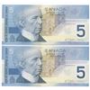 Image 2 : Bank of Canada $5, 2002 - Lot of 2 four digit radars