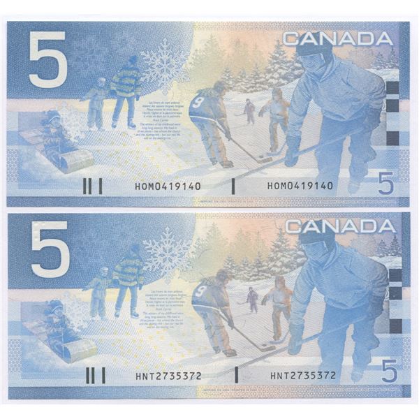 Bank of Canada $5, 2002 - Lot of 2 four digit radars