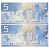 Image 1 : Bank of Canada $5, 2002 - Lot of 2 four digit radars