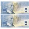 Image 2 : Bank of Canada $5, 2002 - Lot of 2 four digit radars