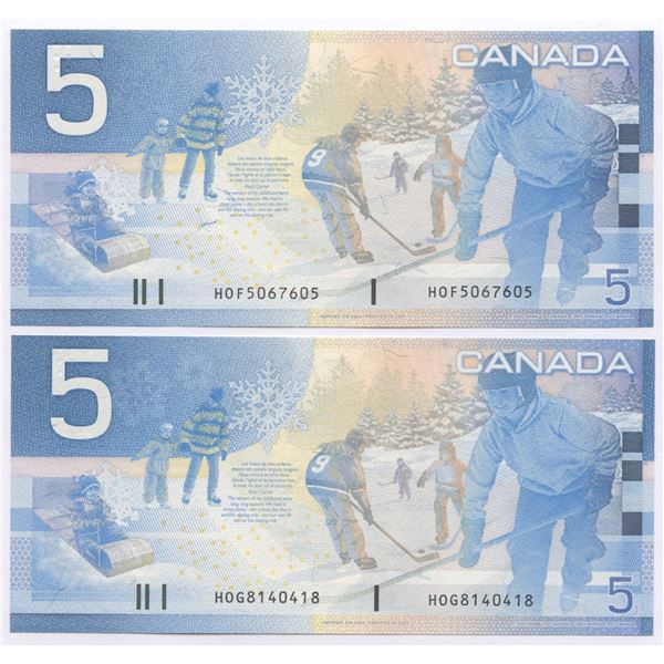 Bank of Canada $5, 2002 - Lot of 2 four digit radars