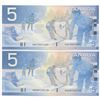 Image 1 : Bank of Canada $5, 2002 - Lot of 2 four digit radars