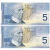 Image 2 : Bank of Canada $5, 2002 - Lot of 2 four digit radars
