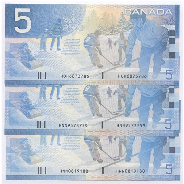 Bank of Canada $5, 2002 - Lot of 3 four digit radars, changeovers