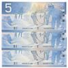 Image 1 : Bank of Canada $5, 2002 - Lot of 3 four digit radars, changeovers