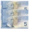 Image 2 : Bank of Canada $5, 2002 - Lot of 3 four digit radars, changeovers