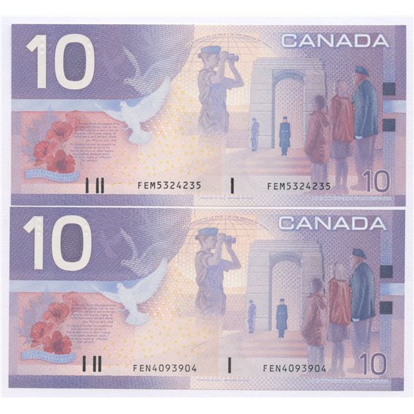 Bank of Canada $10, 2001 - Lot of 2 four digit radars