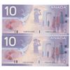 Image 1 : Bank of Canada $10, 2001 - Lot of 2 four digit radars