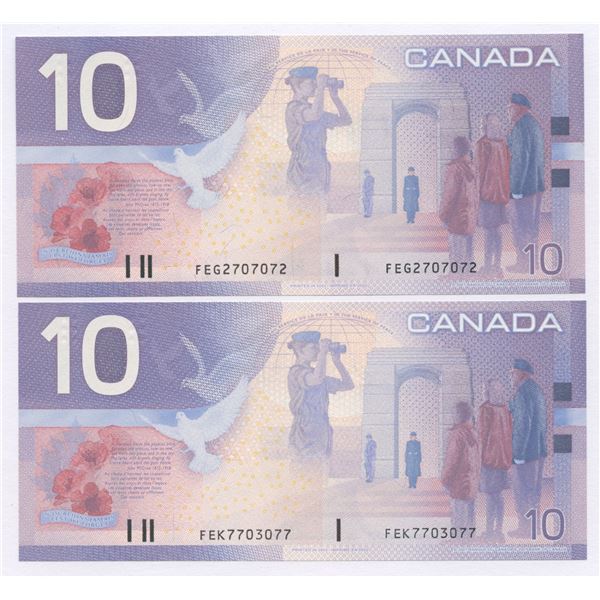 Bank of Canada $10, 2001 - Lot of 2 three digit radars