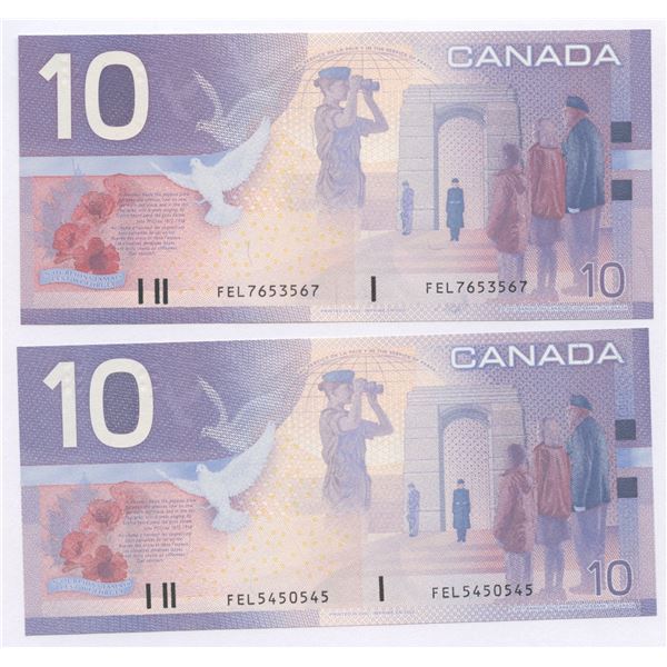 Bank of Canada $10, 2001 - Lot of 2 three & four digit radars