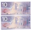 Image 1 : Bank of Canada $10, 2001 - Lot of 2 three & four digit radars