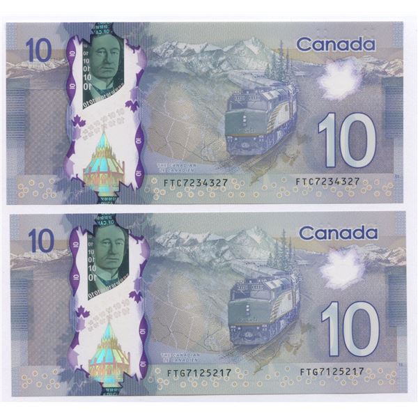 Bank of Canada $10, 2013 - Lot of 2 four digit radars