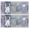 Image 1 : Bank of Canada $10, 2013 - Lot of 2 three digit radars