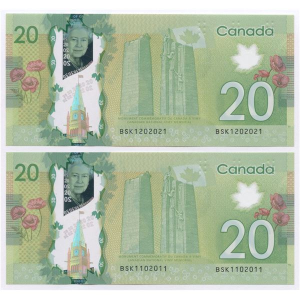 Bank of Canada $20, 2012 - Lot of 2 three digit radars