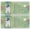 Image 1 : Bank of Canada $20, 2012 - Lot of 2 three digit radars