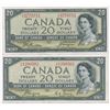 Image 1 : Bank of Canada $20, 1954 - lot of 2 Devil's Face
