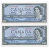 Image 1 : Bank of Canada $5, 1954 - Lot of 2 Consecutives