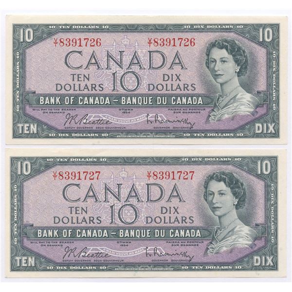 Bank of Canada $10, 1954 - Lot of 2 Consecutives