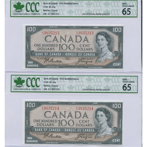 Bank of Canada $100, 1954 - Lot of 2 Consecutives