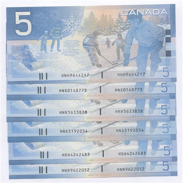 Bank of Canada $5, 2002 - Lot of 6