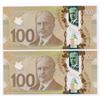 Image 2 : Bank of Canada $100, 2011 - Lot of 2 Consecutives