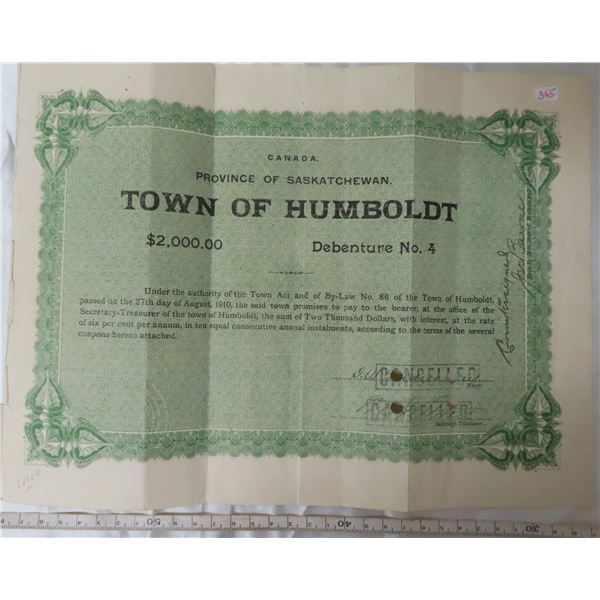 Town of Humboldt, Saskatchewan 1910 $2000 Debenture. Debenture #4. Includes 2 coupons that have been