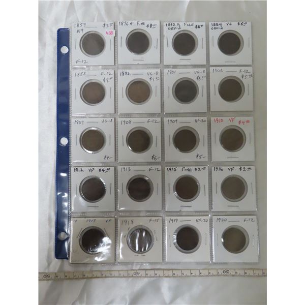 Lot of 20 Canadian Large Cents 1859 – 1920. Includes 1859 Narrow 9, 1876H, 1882H Obverse 2, 1884 Obv