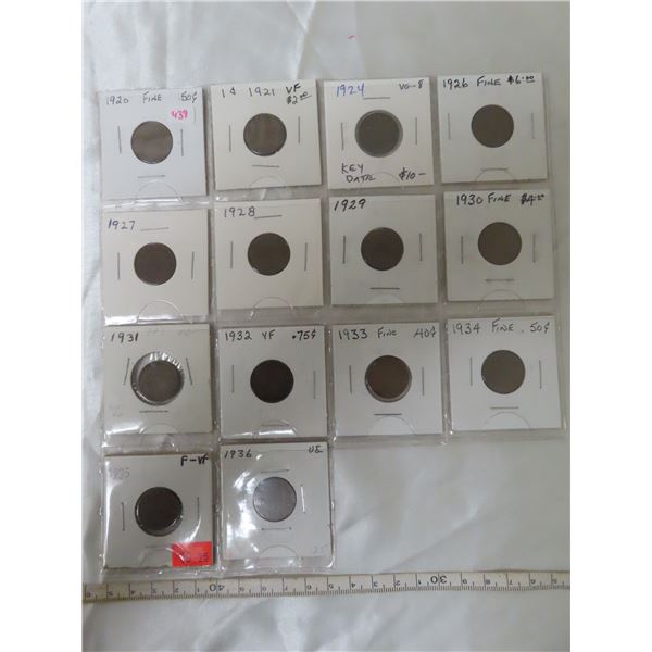 Lot of 14 Canadian George V Small Cents. Includes 1920, 1921, 1924, 1926, 1927, 1928, 1929, 1930, 19