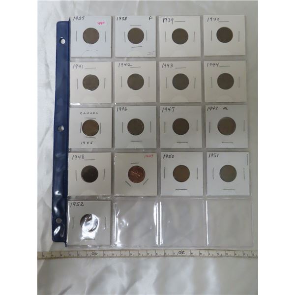 Complete Year Set of Canadian George VI Small Cents. Includes 1937, 1938, 1939, 1940, 1941, 1942, 19
