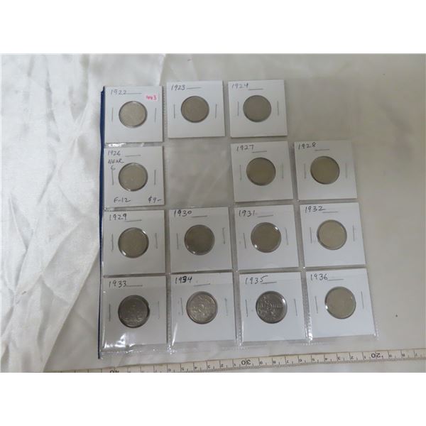 Near Complete set of 14 Canadian George V Nickel 5 Cents. Includes 1922, 1923, 1924, 1926 Near 6, 19