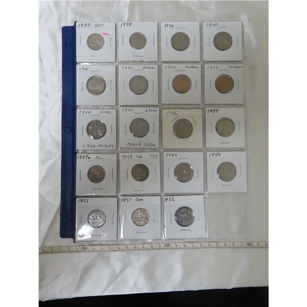 Complete Year Set of 19 Canadian George VI Nickel 5 Cents. Incudes 1937 Dot, 1938, 1939, 1940, 1941,