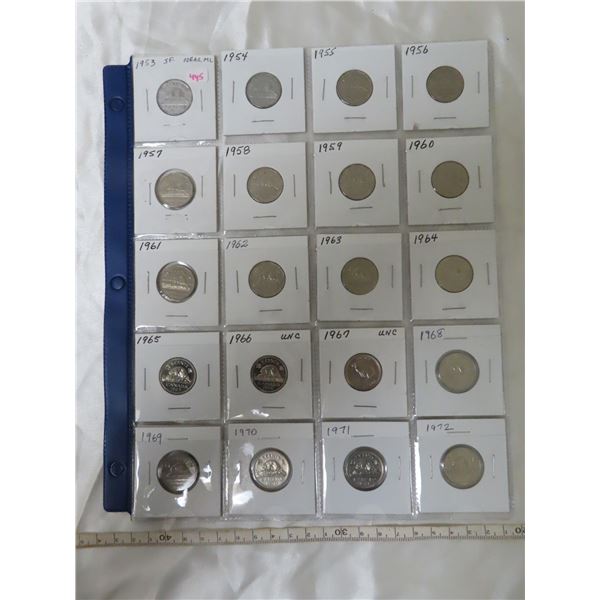 Lot of 20 Canadian Queen Elizabeth Nickel 5 Cents. Includes 1953 Shoulder Fold with Near Maple Leaf,