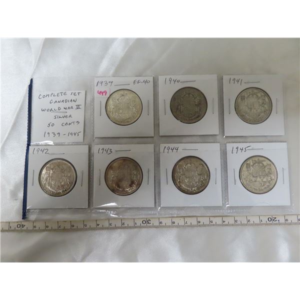 Complete set of 7 Canadian World War II Silver 50 Cents. Includes 1939, 1940, 1941, 1942, 1943, 1944