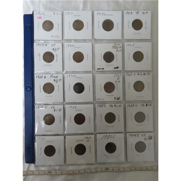 Lot of 20 old U.S. Lincoln Wheat Cents. Includes 1909, 1917, 1917S, 1919, 1919S, 1920, 1920S, 1925, 