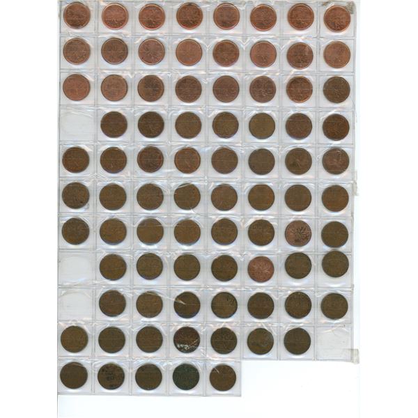 Large page of assorted Canadian 1 cent coins