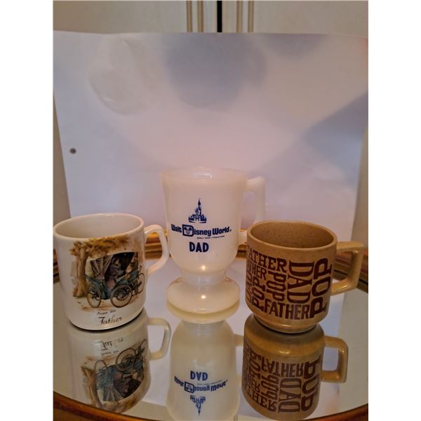 Three Vintage Father Mugs, ceramic and glass, and Walt Disney World (mirror NOT included)