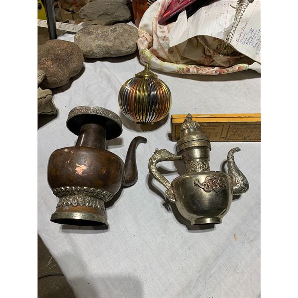 3 Decorative items - 2 metal teapots and 1 container