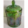 Image 2 : Green carnival glass candy dish, with lid - 7.5"