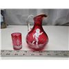 Image 1 : Cranberry colored glass, Mary Gregory pitcher and small cup