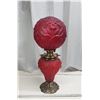 Image 1 : Large red satin glass "Gone with the Wind", coal oil lamp - complete, 28"H