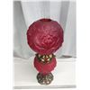 Image 2 : Large red satin glass "Gone with the Wind", coal oil lamp - complete, 28"H