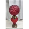 Image 3 : Large red satin glass "Gone with the Wind", coal oil lamp - complete, 28"H