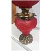 Image 4 : Large red satin glass "Gone with the Wind", coal oil lamp - complete, 28"H
