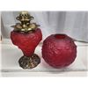 Image 5 : Large red satin glass "Gone with the Wind", coal oil lamp - complete, 28"H