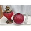 Image 7 : Large red satin glass "Gone with the Wind", coal oil lamp - complete, 28"H