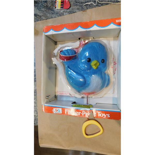 1974, FRISHER PRICE, BLUE BIRD, PULL AND PLAY CRIB TOY, STILL IN BOX