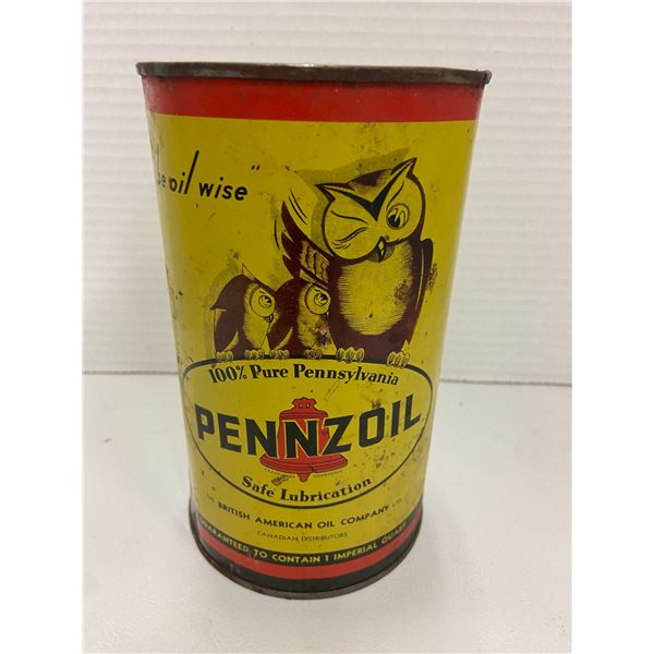 Pennzoil motor tin- has picture of Owls- 1qt- Bristish American Oil company