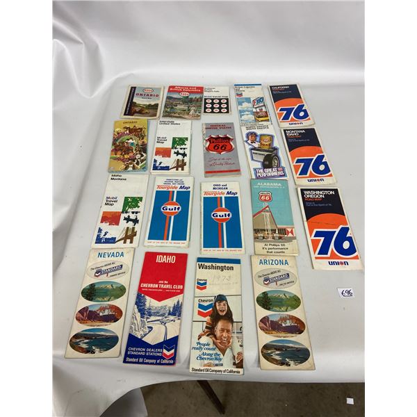 19 assorted service station maps - Esso, Phillips 66, Chevron, 76 Union, Stamford, Gulf, etc