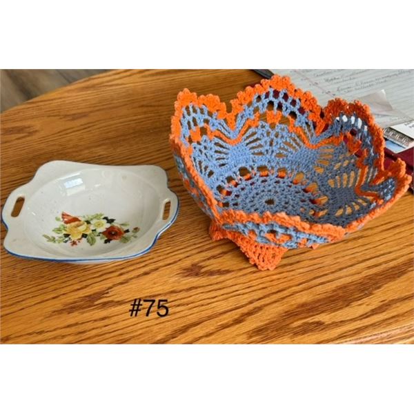 Vintage candy dish & crocheted serving bowl holder