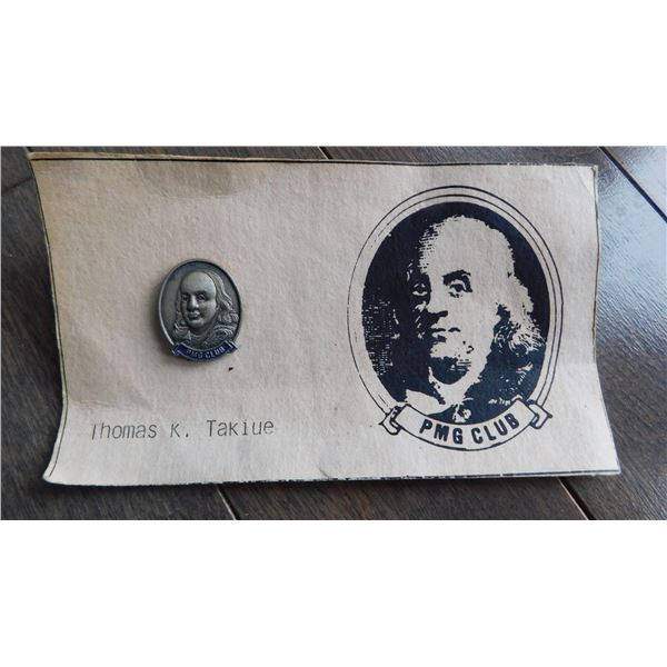 VINTAGE, PMG CLUB LAPEL PIN, BENJAMIN FRANKLIN